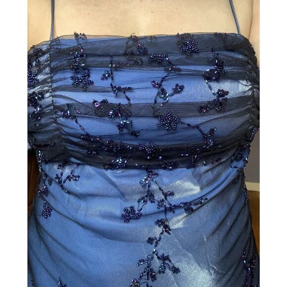 Vintage Fairy Ghotic Whimsical Prom Blue Long Dress With Black Net Medium Beaded - Picture 3 of 10